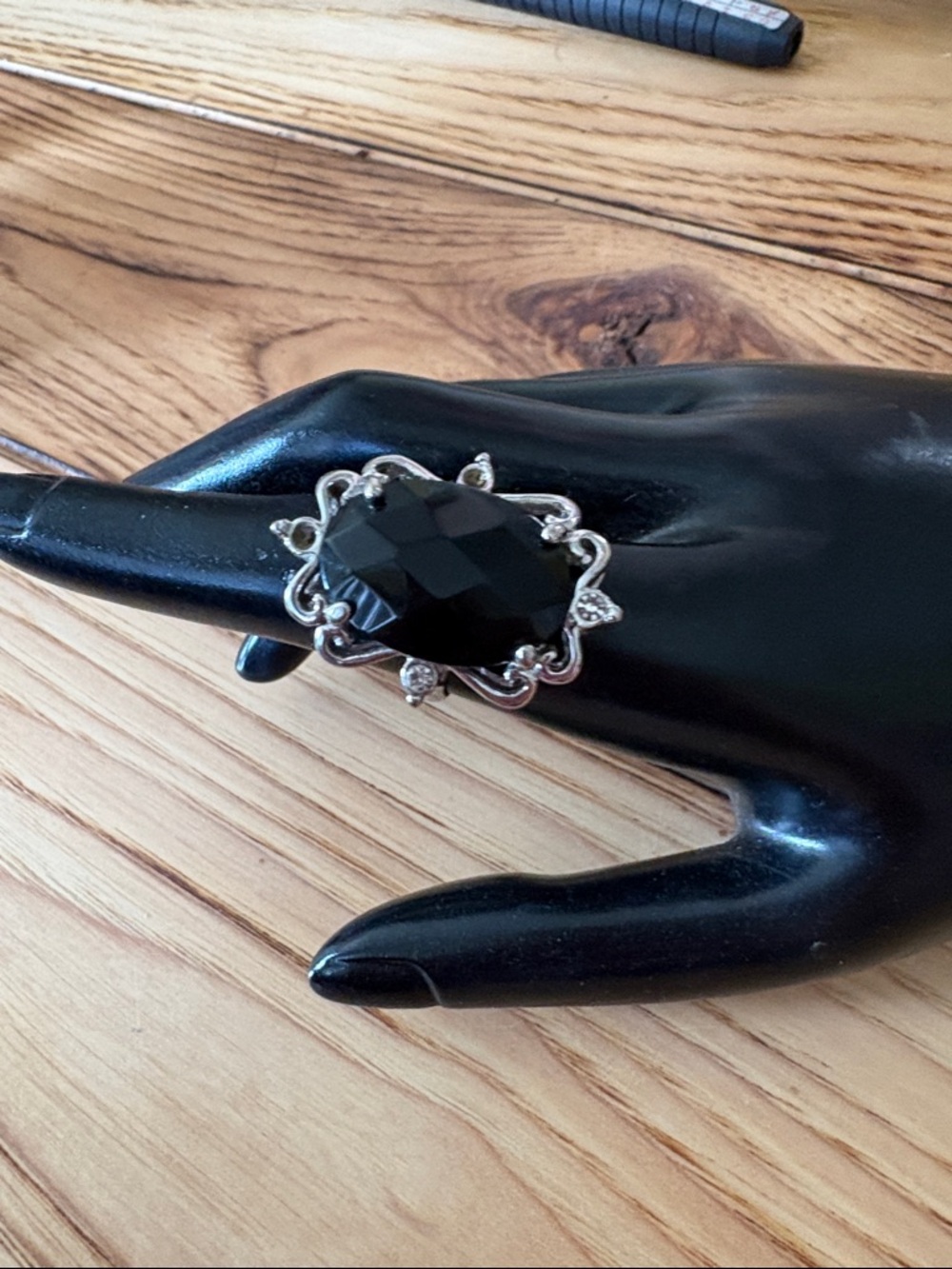 Silver-Tone Ring with Large Black Faceted Stone